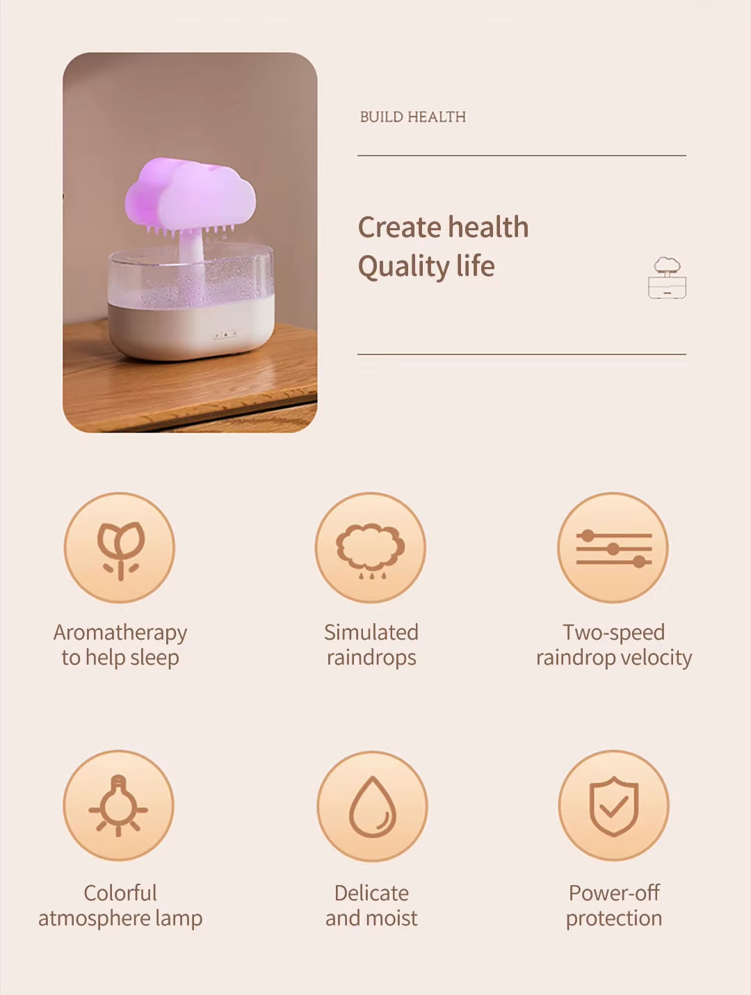 Rain Cloud Night Light Humidifier with Raining Water Drop Sound and 7 Color Led Light Essential Oil Diffuser Aromatherapy 200Ml